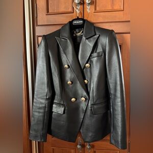 Balmain Black Leather Blazer with Gold Buttons